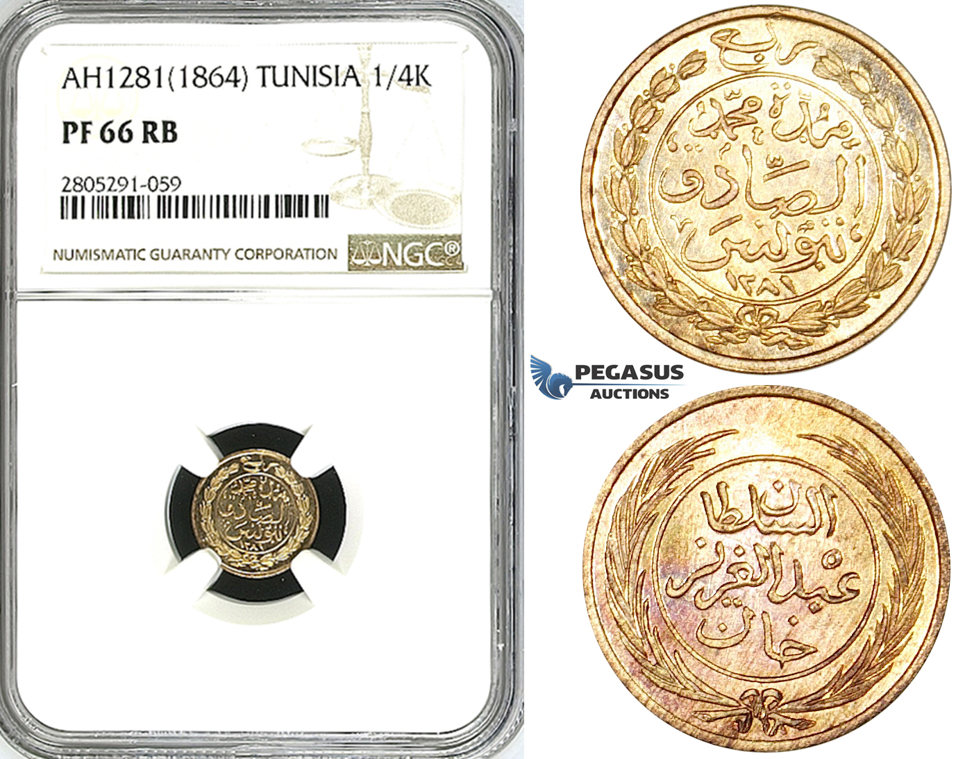 ZI80, Tunisia, 1/4 Kharub AH1281 / 1864, NGC PF66RB, Pop 1/0, Finest!