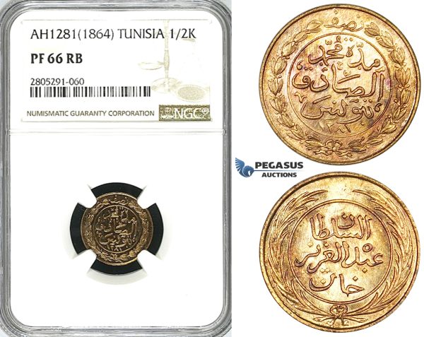 ZI81, Tunisia, 1/2 Kharub AH1281 / 1864, NGC PF66RB, Pop 1/0, Finest!