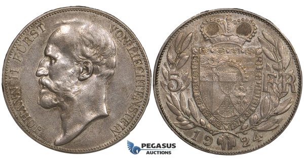 ZI95, Liechtenstein, Johann II, 5 Francs 1924, Bern, Silver, Toned XF-AU