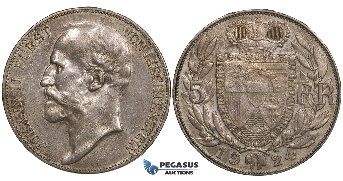 ZI95, Liechtenstein, Johann II, 5 Francs 1924, Bern, Silver, Toned XF-AU