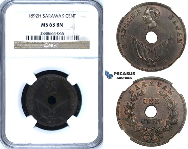 ZI98, Sarawak, C. Brooke Rajah, 1 Cent 1892-H, Heaton, NGC MS63BN