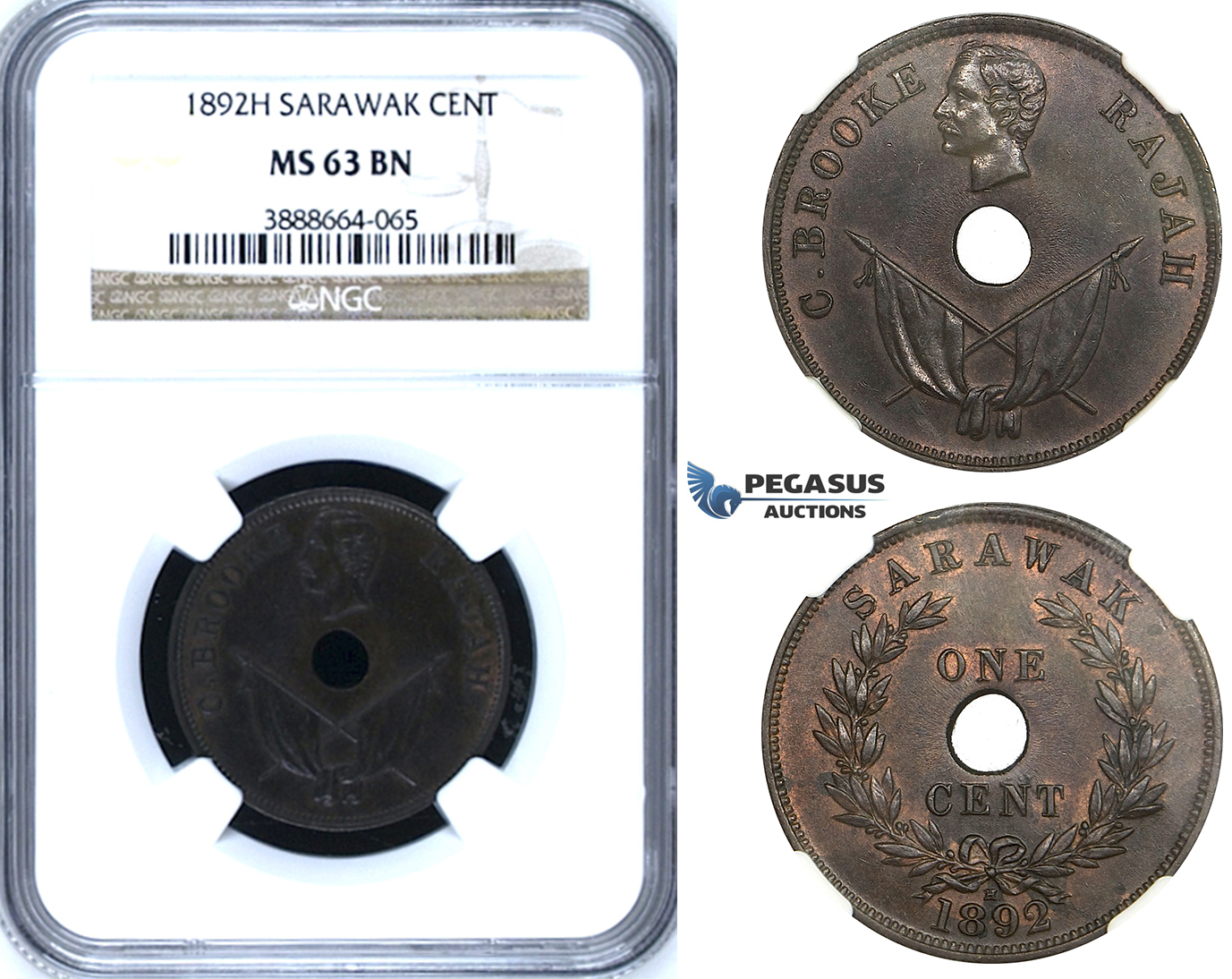 ZI98, Sarawak, C. Brooke Rajah, 1 Cent 1892-H, Heaton, NGC MS63BN