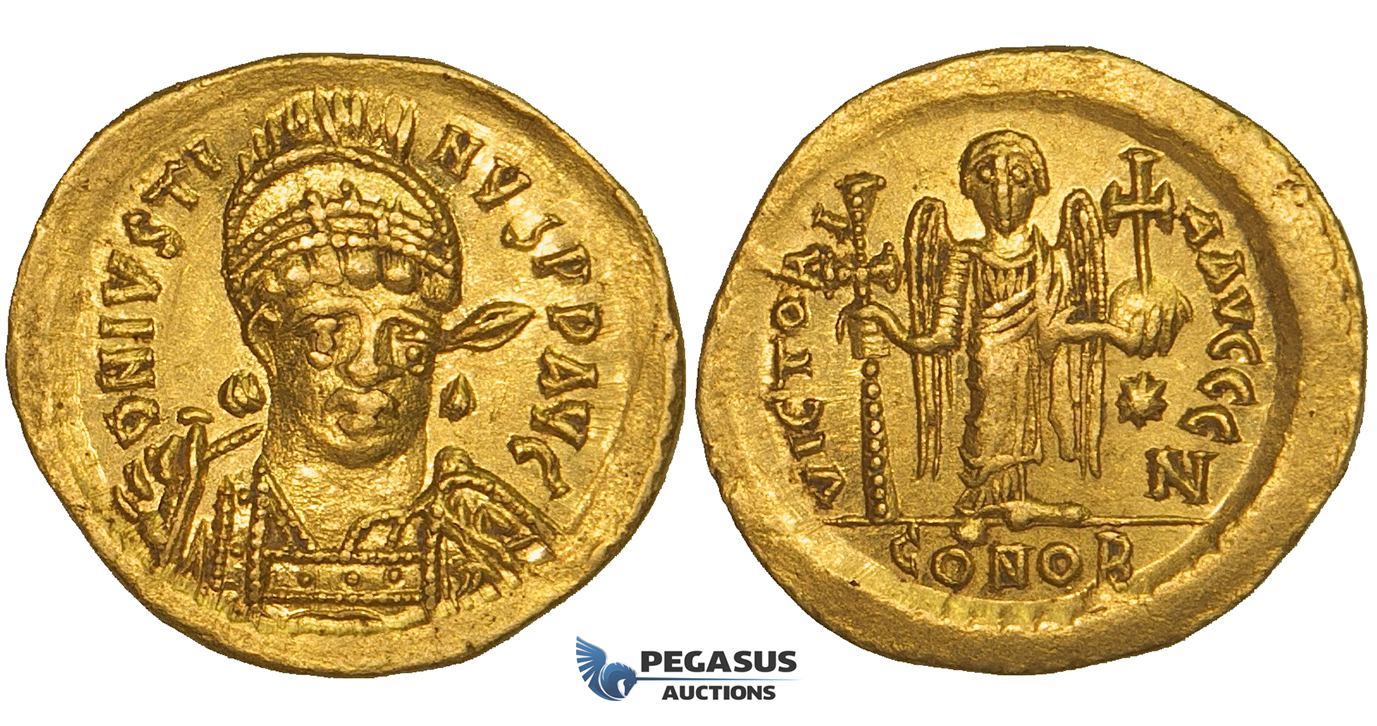 ZJ19, Byzantine Empire, Justinian I (527–565) AV Solidus (4.43g) Constantinople, 545-565, Angel, EF-AU