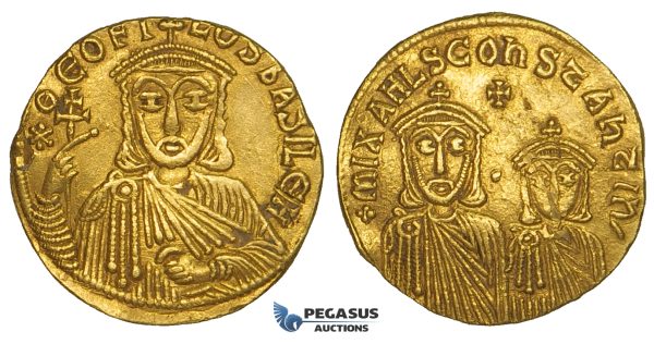 ZJ20, Byzantine Empire, Theophilus, with Constantine and Michael II (829–842) AV Solidus (4.32g) Constantinople, 831-842