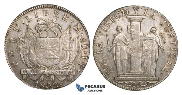 ZJ28, Peru, Republic, 8 Reales 1822 LIMA JP, Lima, Silver, Few scratches, AU, Rare!