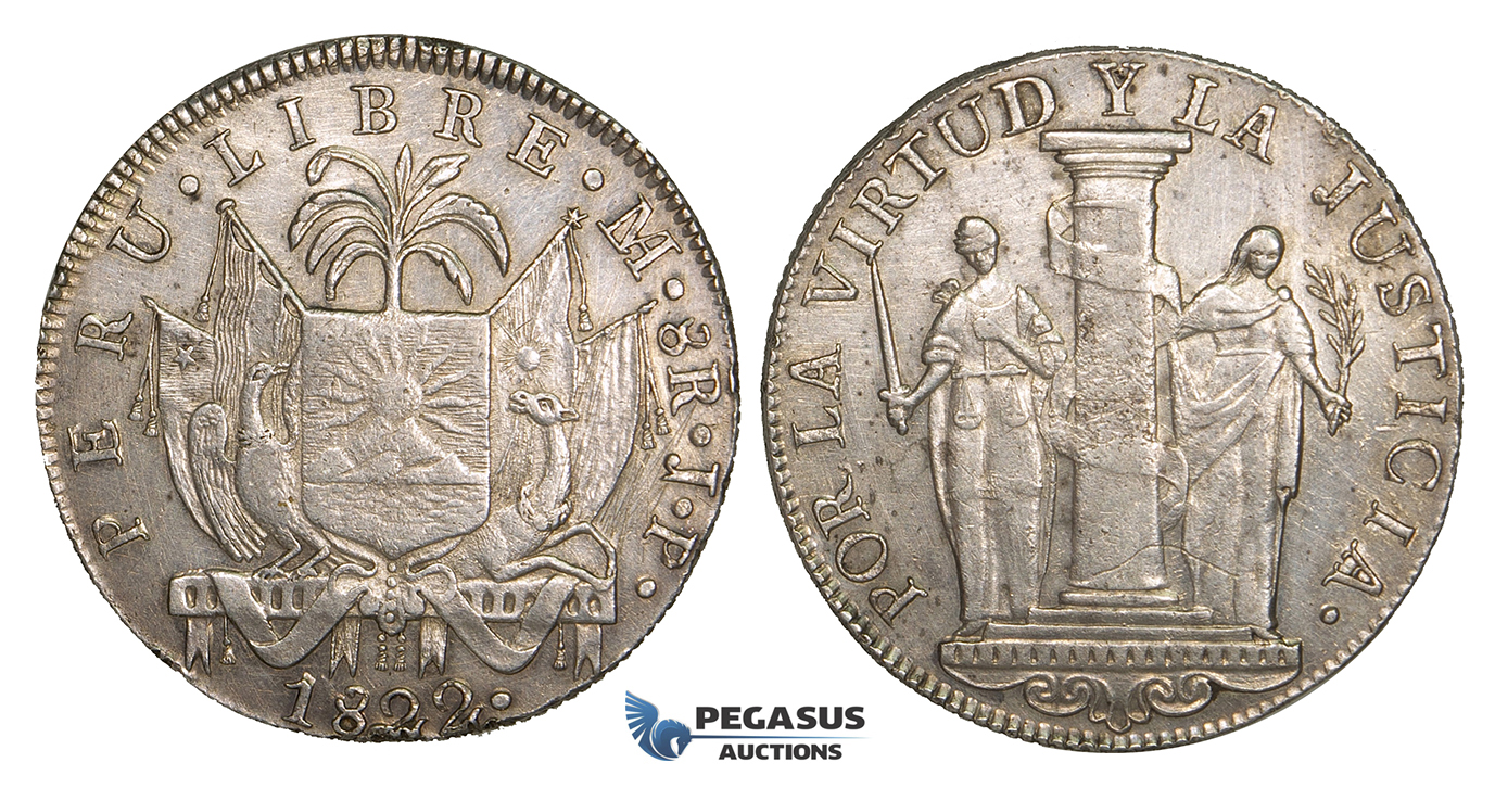 ZJ28, Peru, Republic, 8 Reales 1822 LIMA JP, Lima, Silver, Few scratches, AU, Rare!