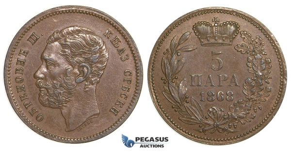 ZJ30, Serbia, M. Obrenovic III, 5 Para 1868 (Medal Rotation) Brown EF