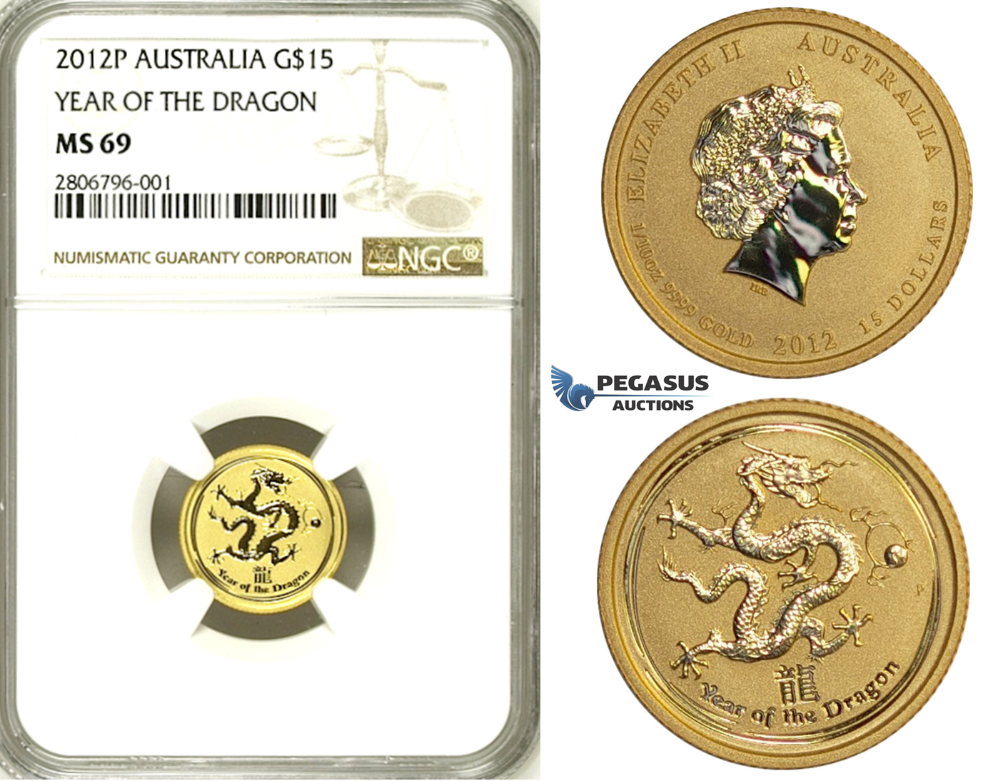 ZJ33, Australia, Lunar Dragon 15 Dollar 2012-P, Perh, 1/10 Oz.999, Gold, NGC MS69