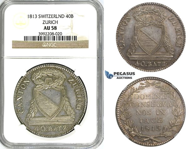 ZJ38, Switzerland, Zurich, 40 Batzen (Neutaler) 1813, Silver, No accent on "U" from ZÜRICH, NGC AU58, Rare!