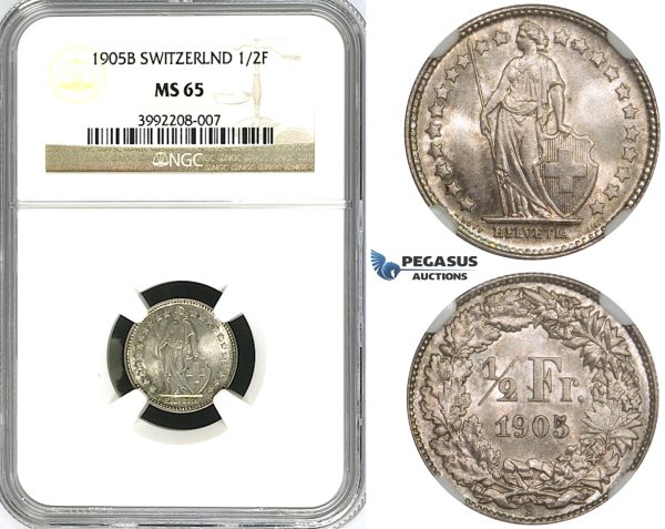 ZJ39, Switzerland, 1/2 Franc 1905-B, Bern, Silver, NGC MS65