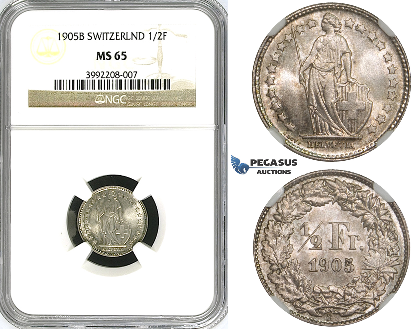 ZJ39, Switzerland, 1/2 Franc 1905-B, Bern, Silver, NGC MS65