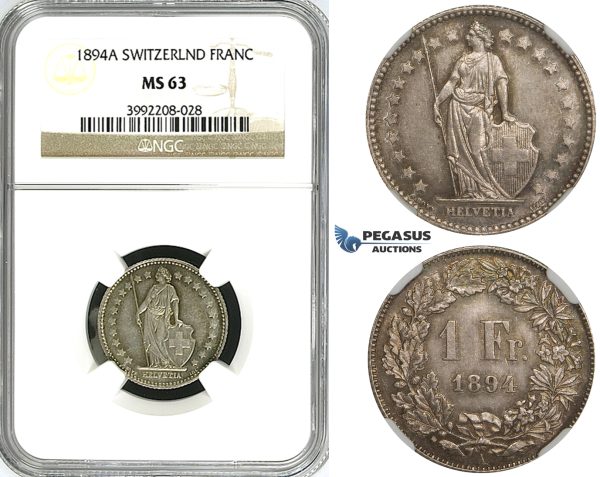 ZJ40, Switzerland, 1 Franc 1894-A, Paris, Silver, NGC MS63