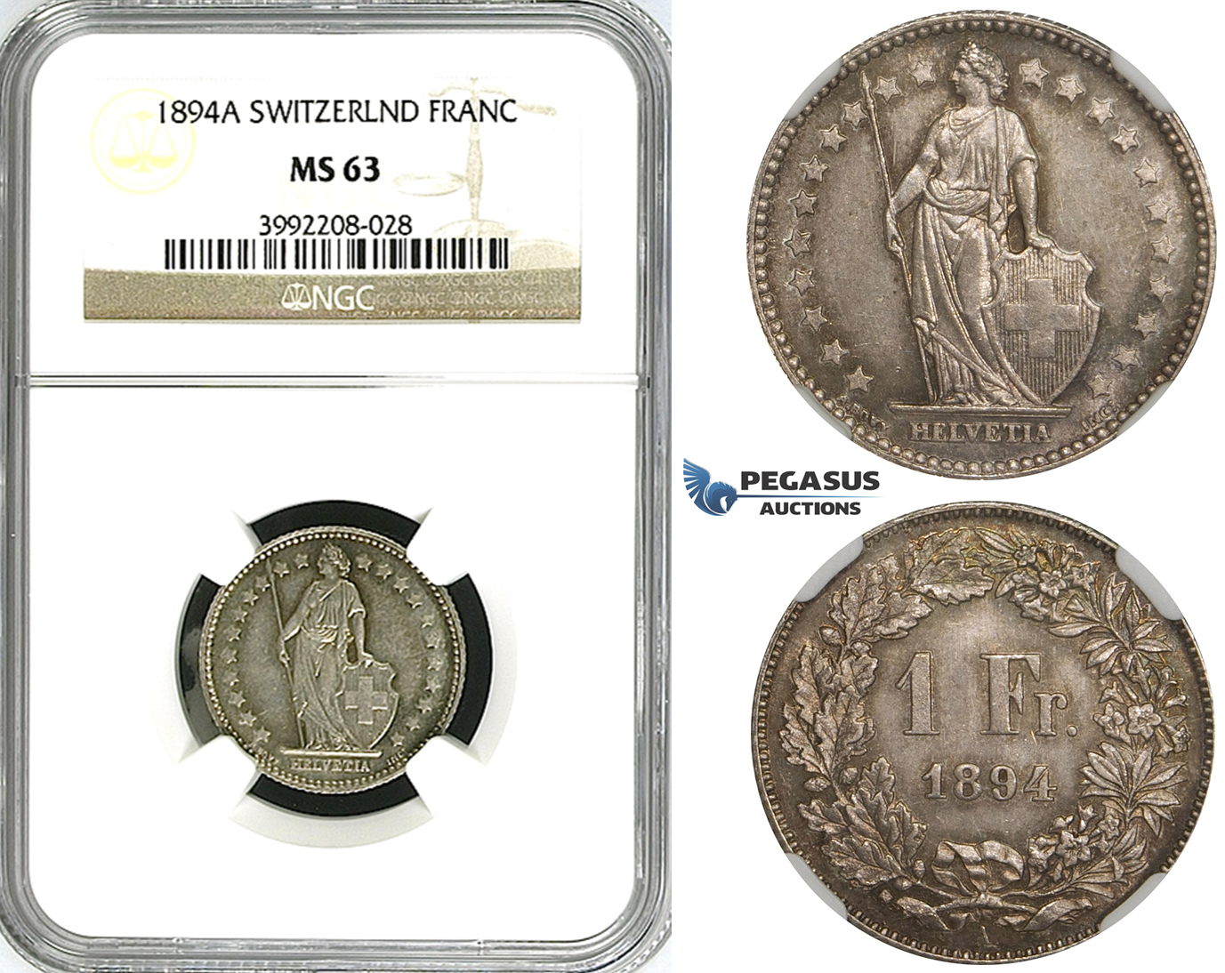 ZJ40, Switzerland, 1 Franc 1894-A, Paris, Silver, NGC MS63