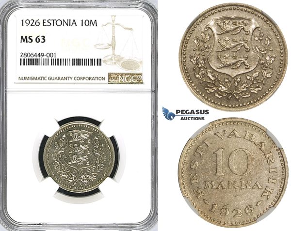 ZJ65, Estonia, 10 Marka 1926, NGC MS63, Pop 1/0, Finest! Extremely Rare!