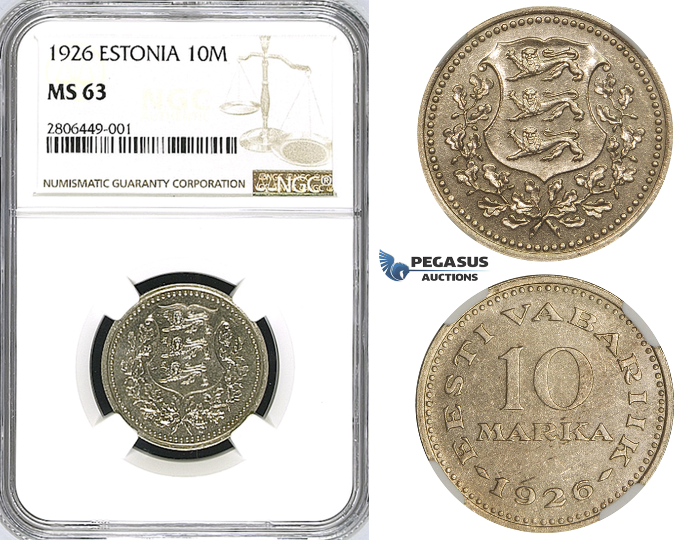 ZJ65, Estonia, 10 Marka 1926, NGC MS63, Pop 1/0, Finest! Extremely Rare!