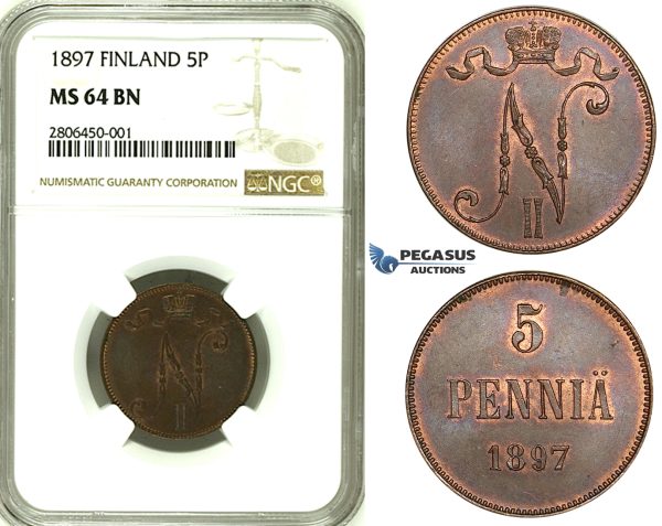 ZJ66, Finland (under Russia) Nicholas II, 5 Penniä 1897, NGC MS64BN
