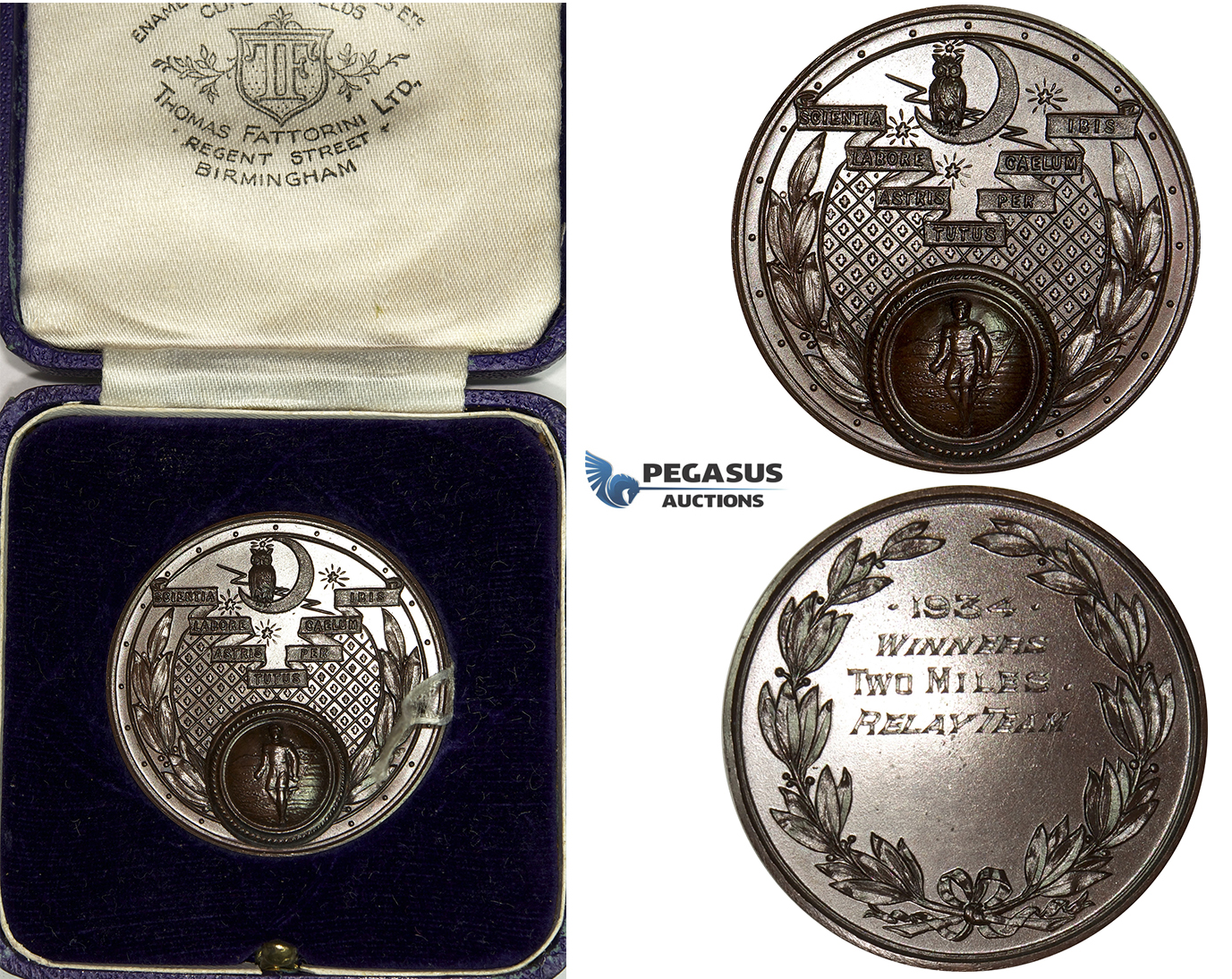 ZJ97, Great Britain, Bronze Sports Medal 1934 (Ø39mm, 27.10g) by T. Fattorini, Owl, Original Box, UNC