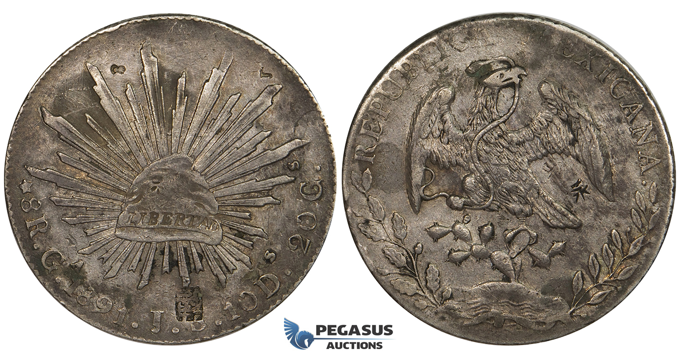 ZK06, Mexico, 8 Reales 1891 Ga JB, Guadalajara, Silver, Chopmarks & Counterstamp, VF