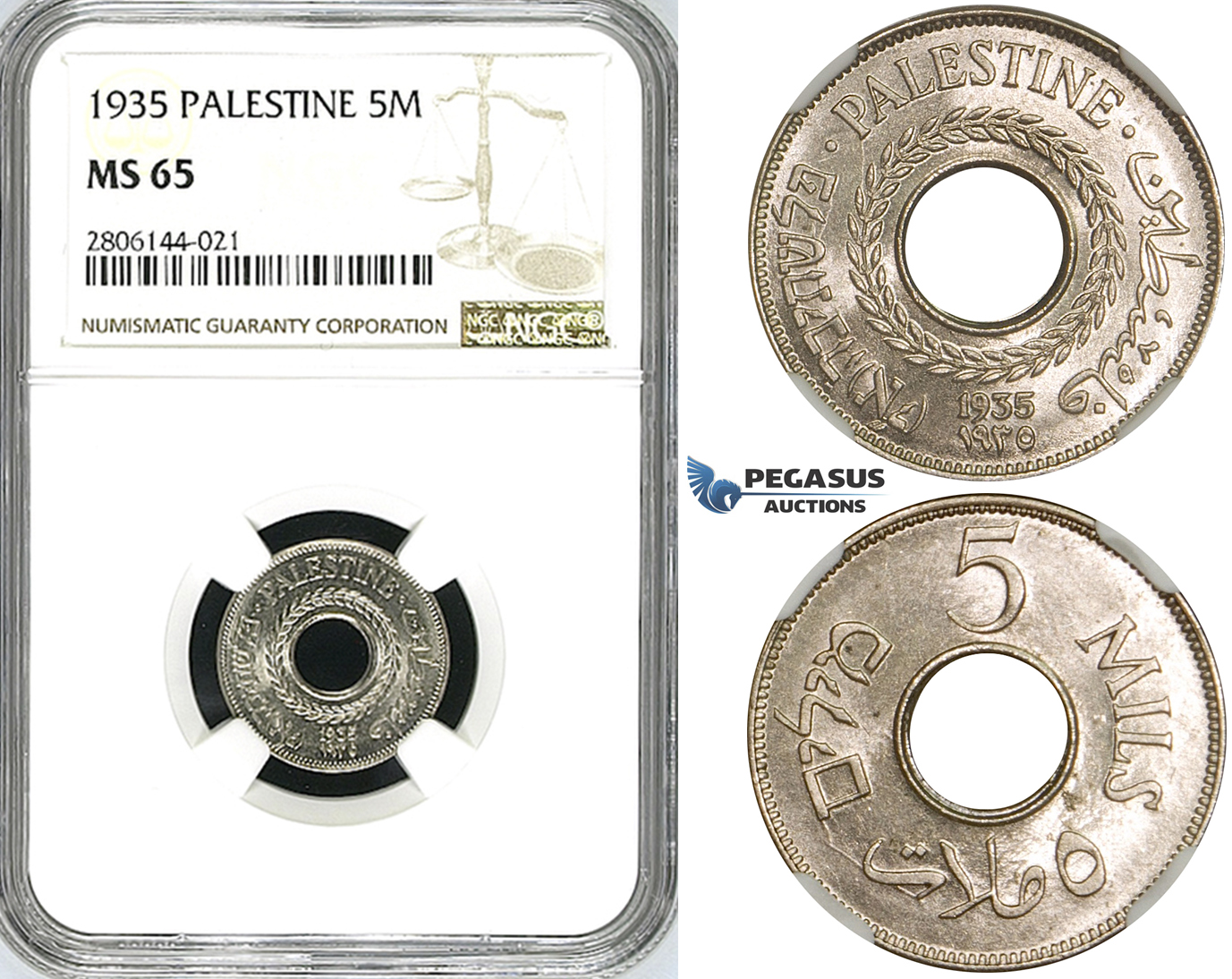 ZK08, Palestine, 5 Mils 1935, NGC MS65