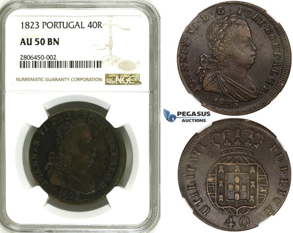 ZK14, Portugal, Joao VI, 40 Reis (Pataco) 1823, Lisbon, NGC AU50BN