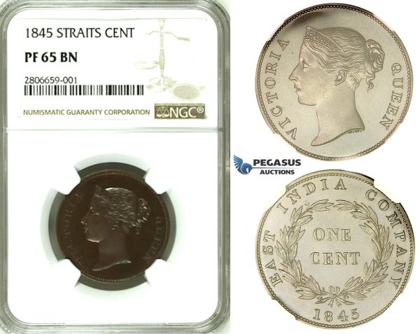 ZK30, Straits Settlements, Victoria, 1 Cent 1845 WW, NGC PF65BN, Pop 1/0, Finest & Extremely Rare!