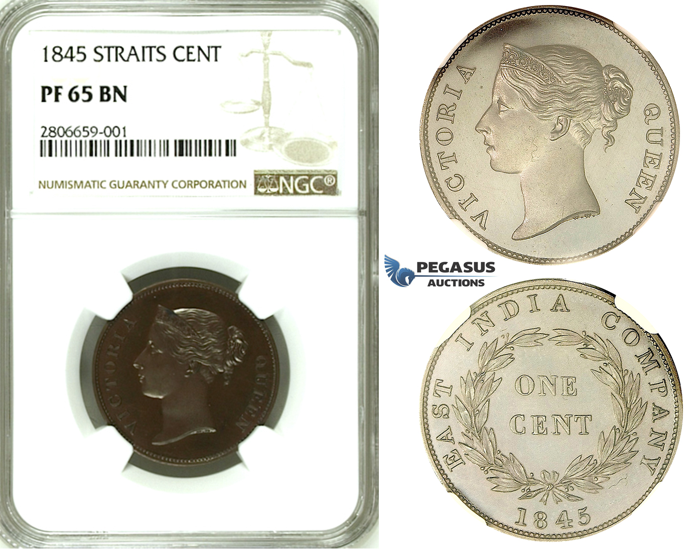 ZK30, Straits Settlements, Victoria, 1 Cent 1845 WW, NGC PF65BN, Pop 1/0, Finest & Extremely Rare!