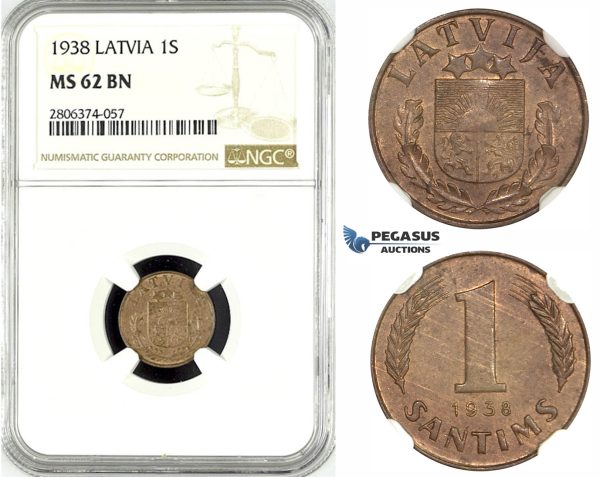 ZK52, Latvia, 1 Santims 1938, NGC MS62BN