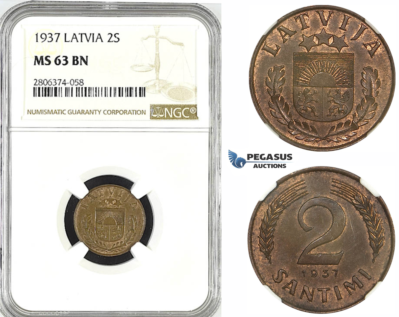 ZK53, Latvia, 1 Santimi 1937, NGC MS63BN