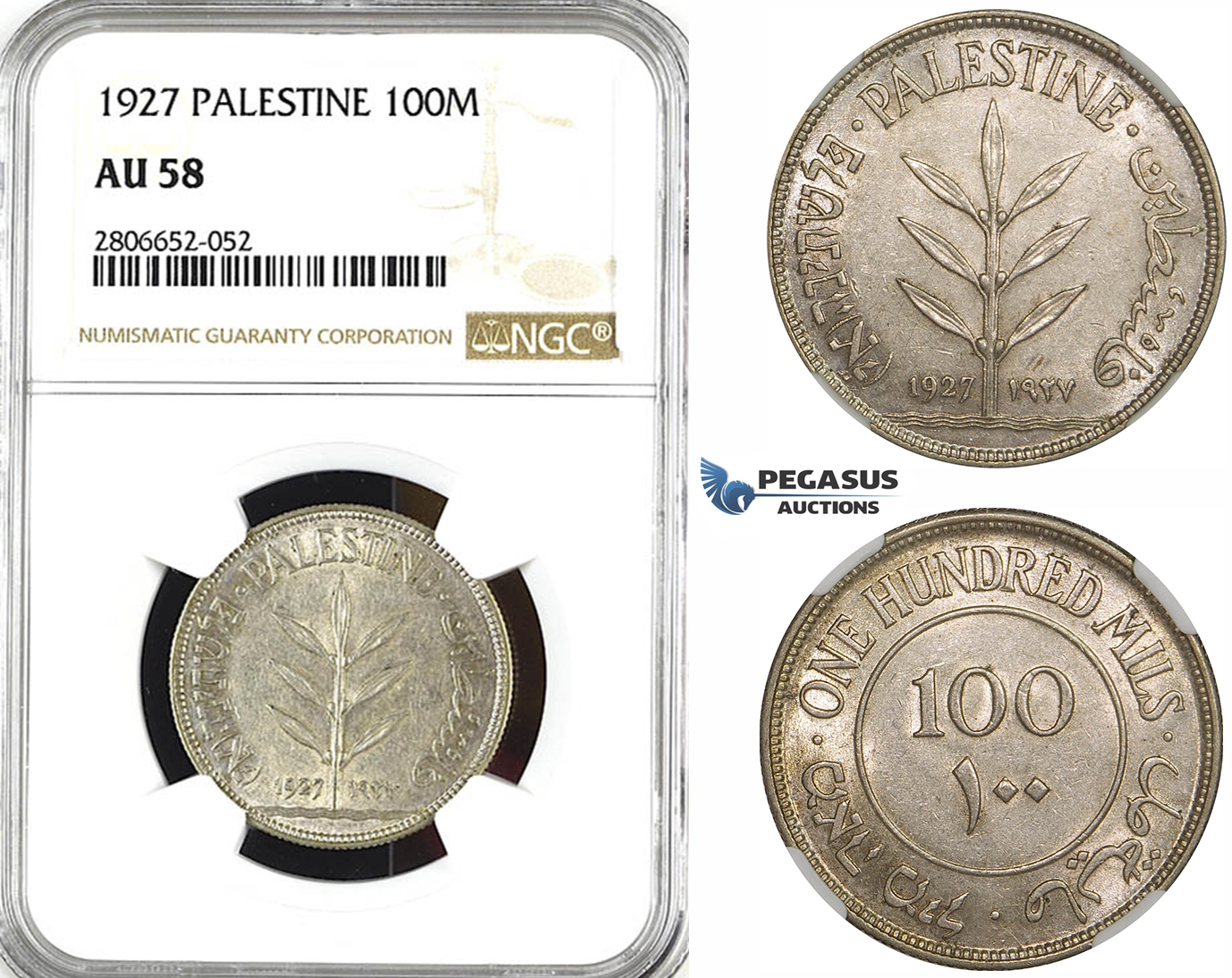 ZK55, Palestine, 100 Mils 1927, London, Silver, NGC AU58