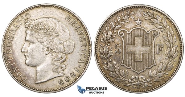 ZK78, Switzerland, 5 Francs 1909-B, Bern, Silver, Toned VF-XF