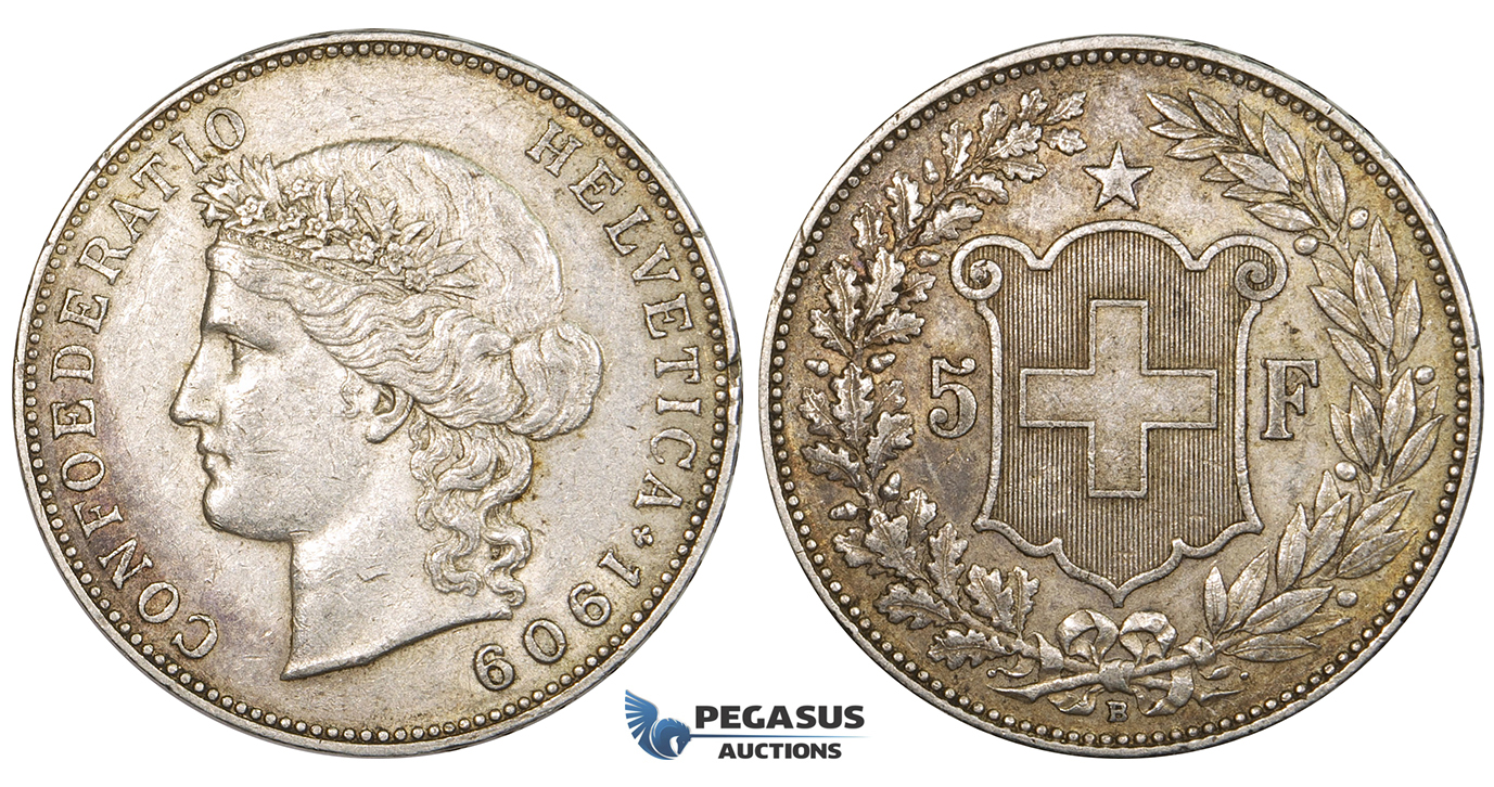 ZK78, Switzerland, 5 Francs 1909-B, Bern, Silver, Toned VF-XF