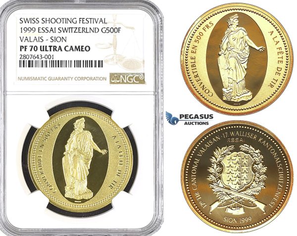 ZK79, Switzerland, Sion, ESSAI 500 Francs 1999, Gold, NGC PF70UC, Pop 1, Finest! Rare!