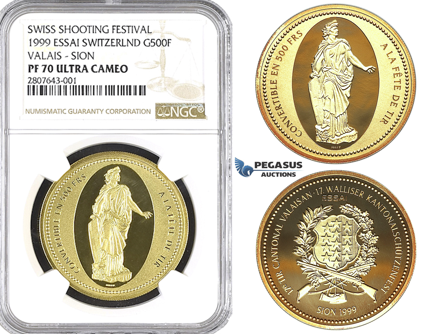 ZK79, Switzerland, Sion, ESSAI 500 Francs 1999, Gold, NGC PF70UC, Pop 1, Finest! Rare!