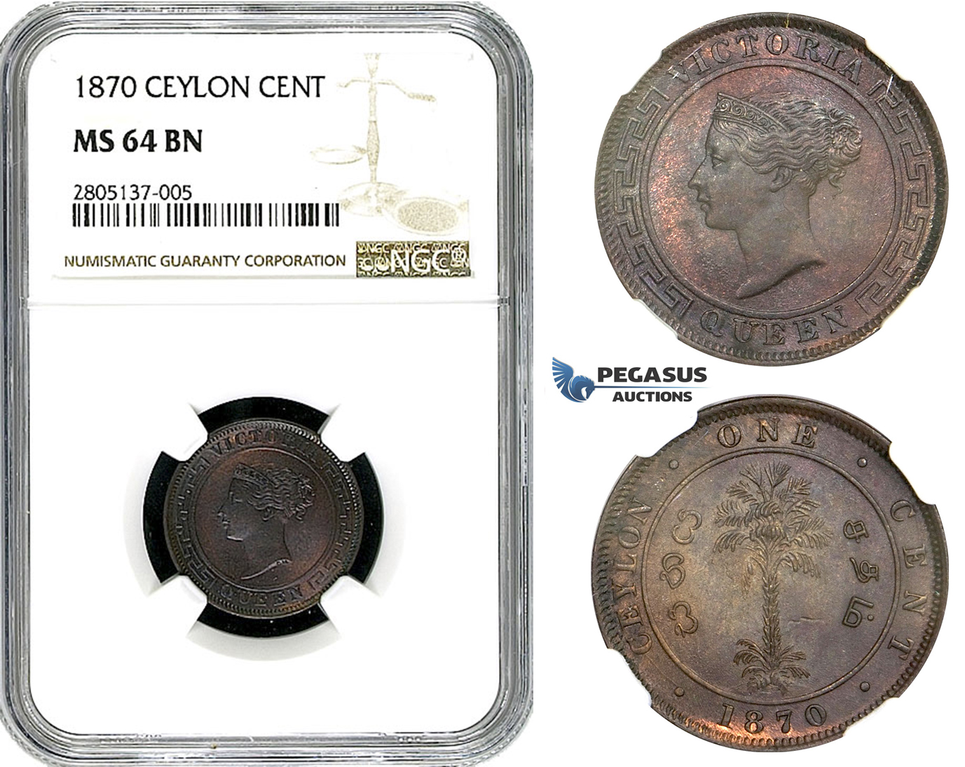 ZL01, Ceylon, Victoria, 1 Cent 1870, NGC MS64BN