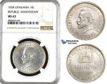 ZL20, Lithuania, 10 Litu 1938 "Republic Anniversary" Silver, NGC MS63