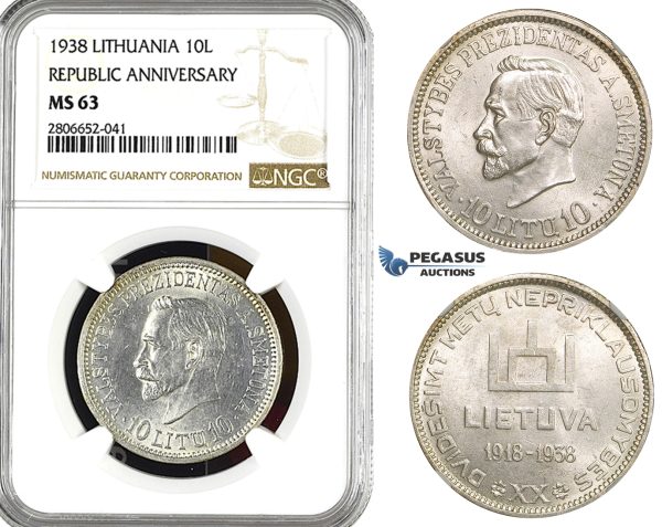ZL20, Lithuania, 10 Litu 1938 "Republic Anniversary" Silver, NGC MS63