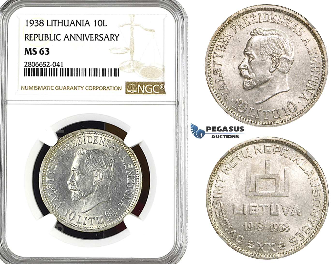 ZL20, Lithuania, 10 Litu 1938 "Republic Anniversary" Silver, NGC MS63