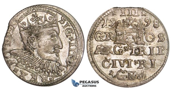 ZL86, Latvia, Riga, Sigismund III of Poland, 3 Groschen (Trojak) 1598, Riga, Silver (2.44g) Toned XF+