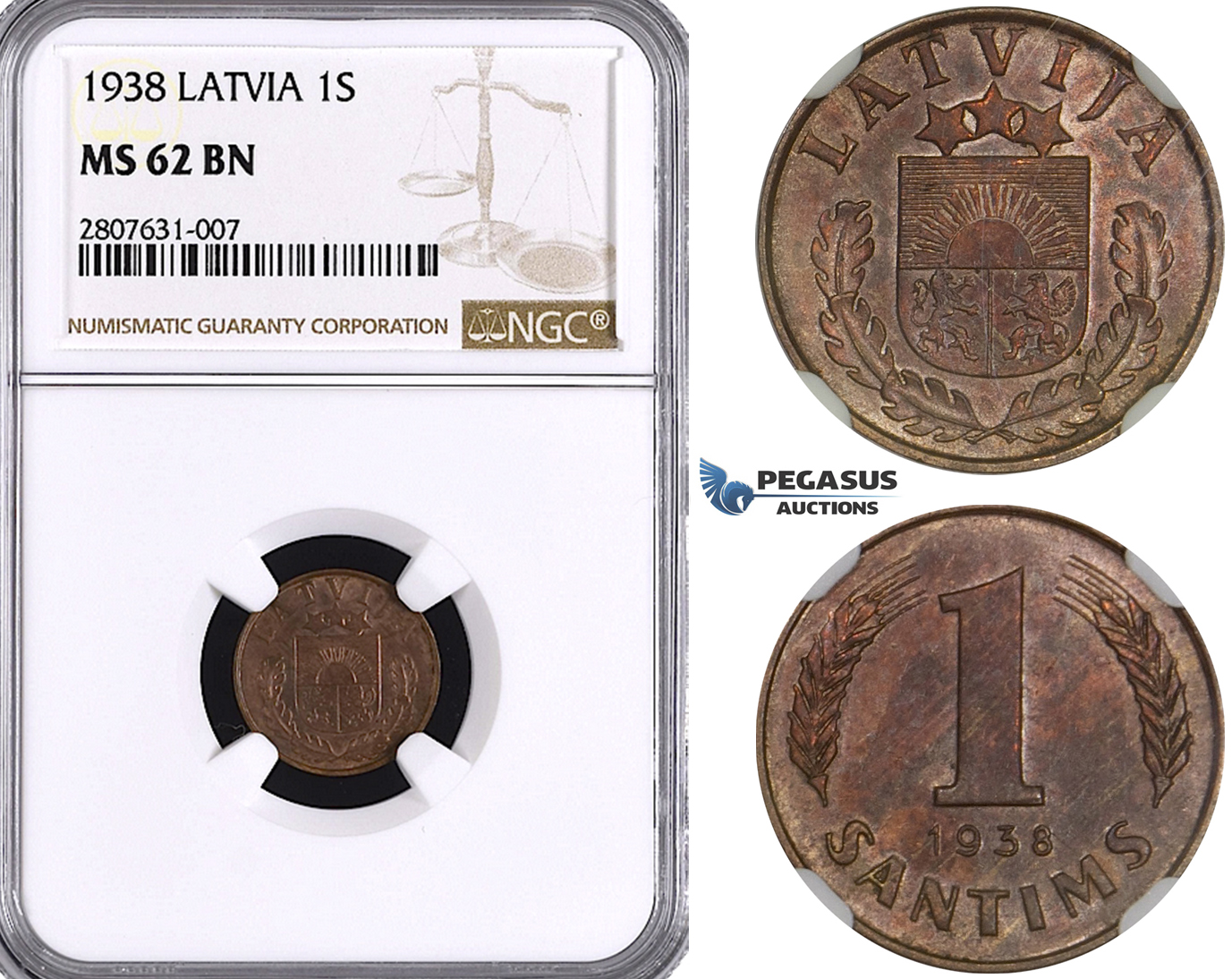 ZL87, Latvia, 1 Santims 1938, NGC MS62BN
