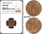 ZL88, Latvia, 2 Santimi 1926, NGC MS63RB