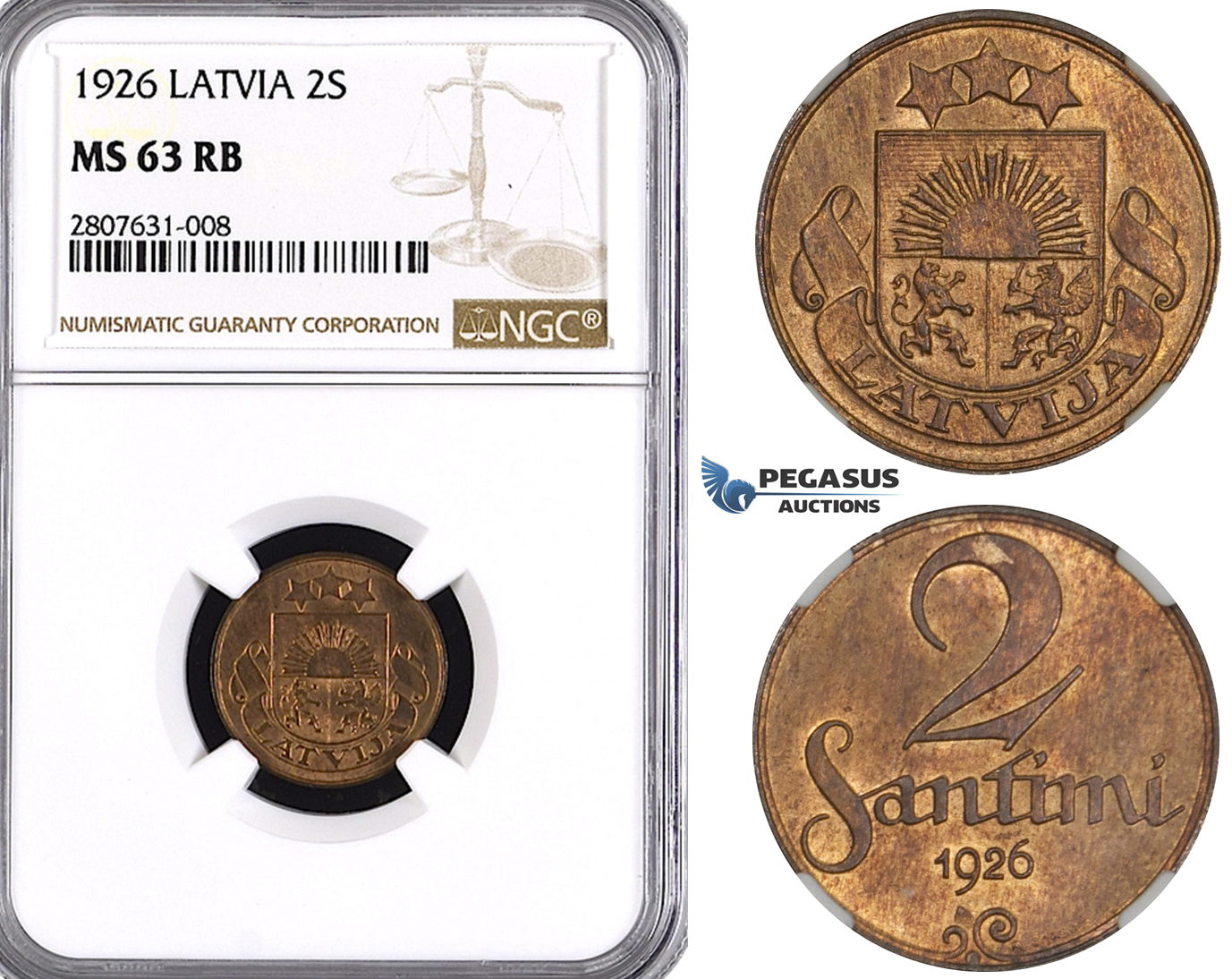 ZL88, Latvia, 2 Santimi 1926, NGC MS63RB