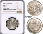 ZL89, Latvia, 2 Lati 1925, Silver, NGC MS64