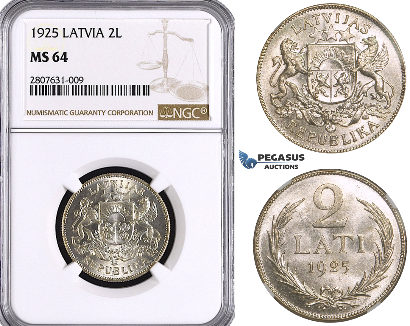 ZL89, Latvia, 2 Lati 1925, Silver, NGC MS64