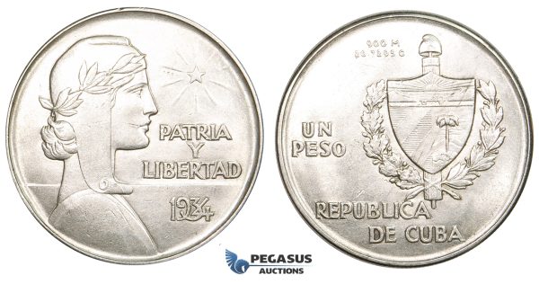 ZM110, Cuba "ABC" Peso 1934, Silver, Lightly cleaned UNC