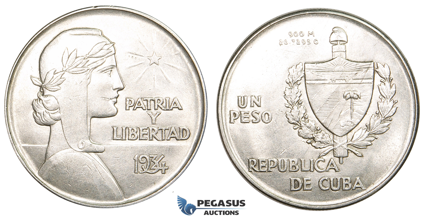 ZM110, Cuba "ABC" Peso 1934, Silver, Lightly cleaned UNC