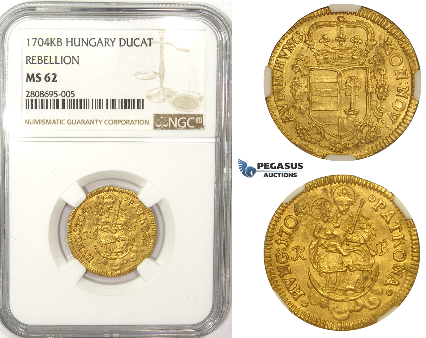 ZM129, Hungary, Francis II Rákóczi, Rebellion of the Malcontents, Ducat 1704 K-B, Kremnitz, Gold, NGC MS62, Pop 1/0, Finest!Very Rare!