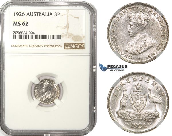 ZM17, Australia, George V, Sixpence (6P) 1926, Silver, NGC MS62