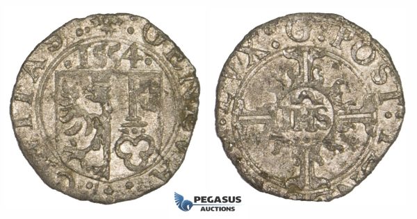 ZM190, Switzerland, Geneva, 2 Quarts (1/2 Sol or 6 Deniers) 1554 IHS, Billon (0.85g) EF, Rare!