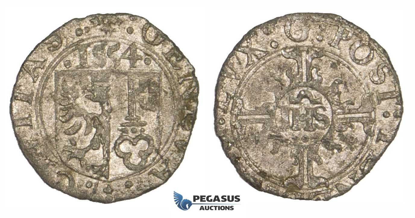 ZM190, Switzerland, Geneva, 2 Quarts (1/2 Sol or 6 Deniers) 1554 IHS, Billon (0.85g) EF, Rare!
