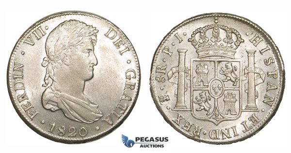 ZM194, Bolivia, Ferdinand VII, 8 Reales 1820 PTS PJ, Potosi, Silver, Lustrous AU-UNC
